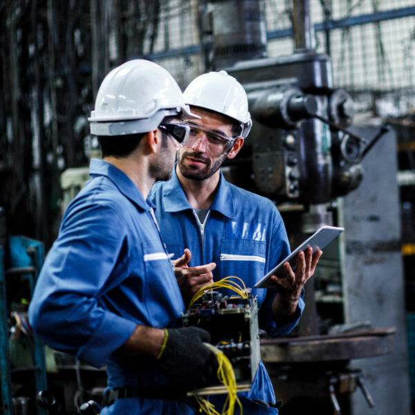 Two men engineer talking in modern factory. Production line machine and setting it for work.